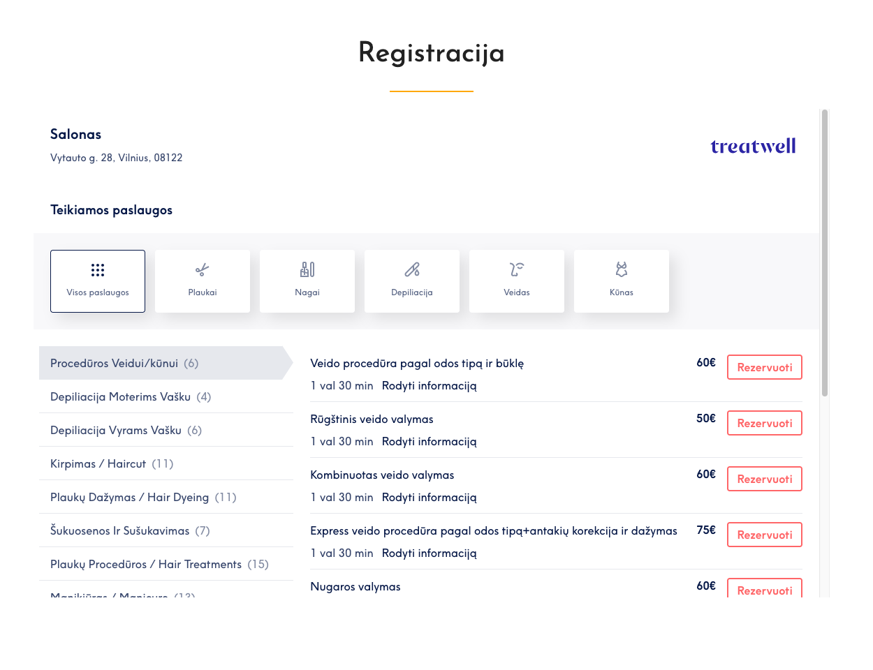 Treatwell rezervacijos integracija – paslaugų katalogas su tiesiogine rezervacija